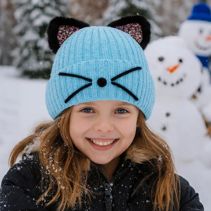 ACTLATI Kids Girls Sequin Cat Ears Hats Winter Knitted Beanie Hat for Outdoor Snow Ski Skull Cap Ages 7-12 - Image 2